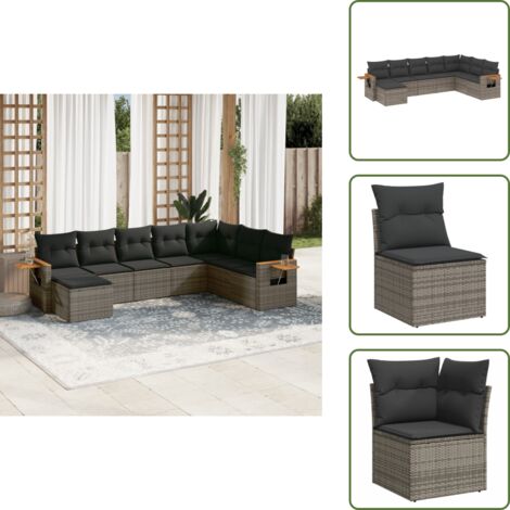 The Living Store Set de sofás de jardín 8 pzas y cojines ratán sintético gris - Cojines de jardín