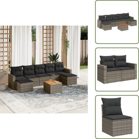 The Living Store Set de sofás de jardín 8 pzas y cojines ratán sintético gris - Cojines de jardín