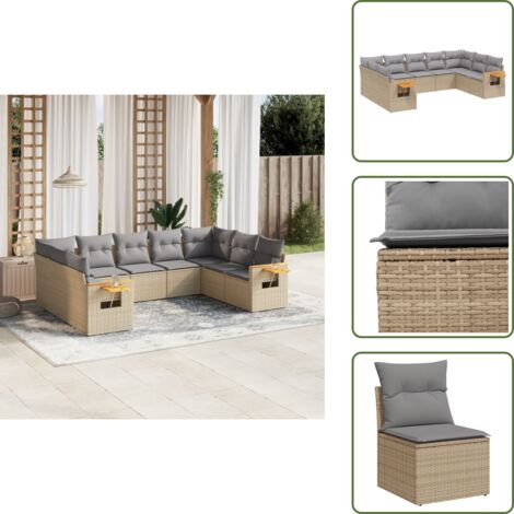 The Living Store Set de sofás de jardín 9 pzas con cojines ratán sintético beige - Cojines para sofás