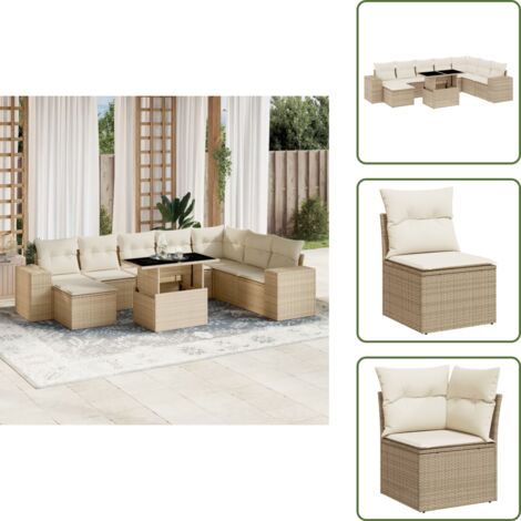 The Living Store Set de sofás de jardín 9 pzas con cojines ratán sintético beige - Muebles de exterior