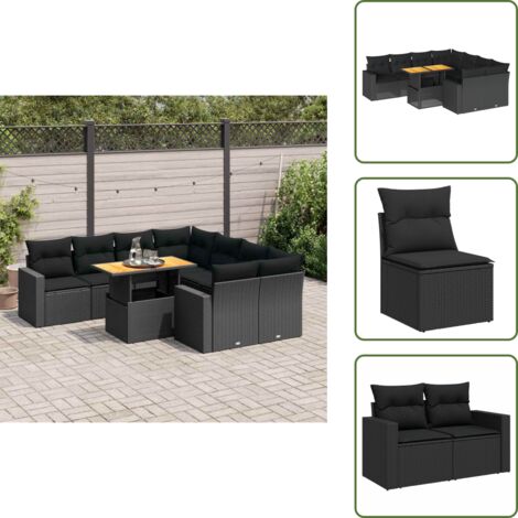 The Living Store Set de sofás de jardín con cojines 9 pzas ratán sintético negro - Cojines para jardín