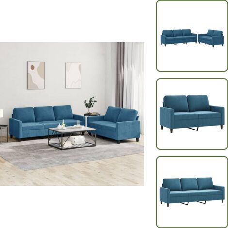 The Living Store Set di Divani 2 pz con Cuscini Blu in Velluto - Divano a 3 posti