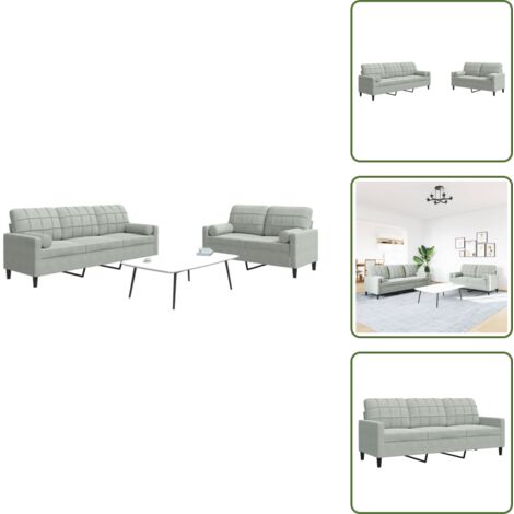 The Living Store Set di Divani 2 pz con Cuscini e Rinforzi Grigio Chiaro Velluto - Divano a 3 posti
