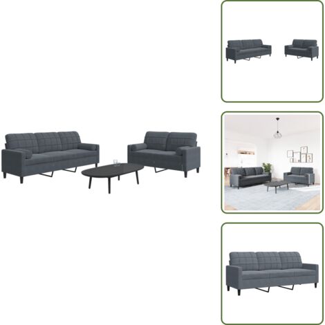 The Living Store Set di Divani 2 pz con Cuscini e Rinforzi Grigio Scuro Velluto - Divano a 3 posti