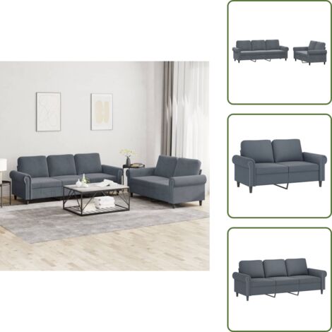 The Living Store Set di Divani 2 pz con Cuscini Grigio Scuro in Velluto - Divano a 3 posti
