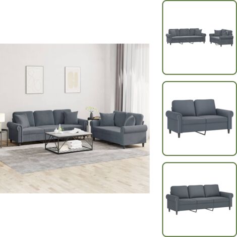 The Living Store Set di Divani 2 pz con Cuscini Grigio Scuro in Velluto - Divano a 3 posti