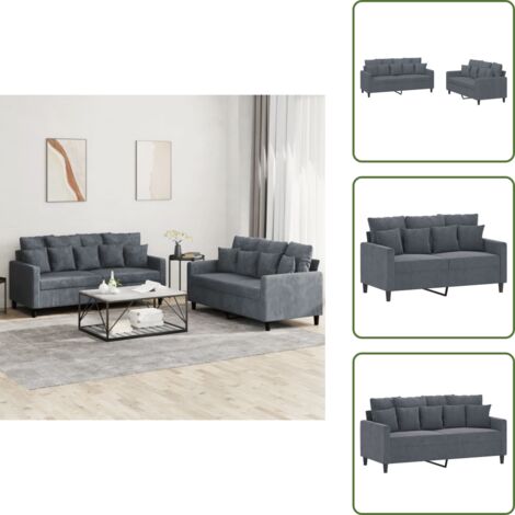 The Living Store Set di Divani 2 pz con Cuscini Grigio Scuro in Velluto - Divano in velluto