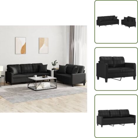 The Living Store Set di Divani 2 pz con Cuscini Nero in Similpelle - Divano a 3 posti
