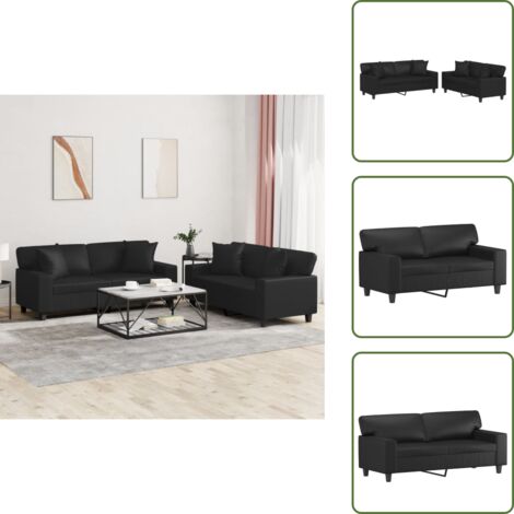 The Living Store Set di Divani 2 pz con Cuscini Nero in Similpelle - Divano in similpelle