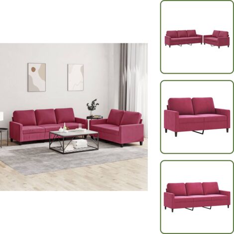 The Living Store Set di Divani 2 pz con Cuscini Rosso Vino in Velluto - Divano a 3 posti
