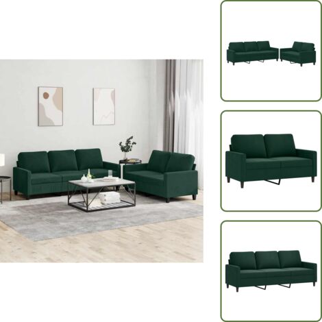 The Living Store Set di Divani 2 pz con Cuscini Verde scuro in Velluto - Divano a 3 posti