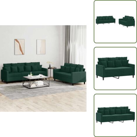 The Living Store Set di Divani 2 pz con Cuscini Verde scuro in Velluto - Divano a 3 posti
