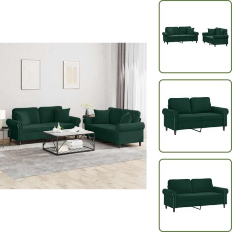 The Living Store Set di Divani 2 pz con Cuscini Verde Scuro in Velluto - Divano in velluto