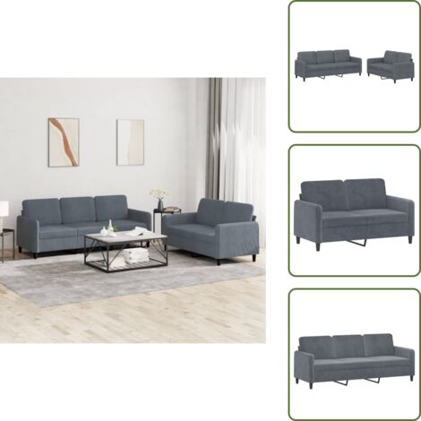 The Living Store Set di Divani 2 pz Grigio Scuro in Velluto - Divano a 3 posti