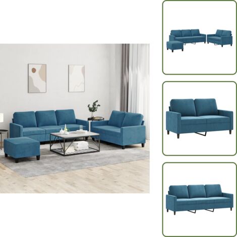 The Living Store Set di Divani 3 pz con Cuscini Blu in Velluto - Divano a 3 posti