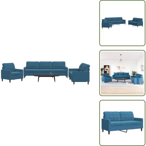 The Living Store Set di Divani 3 pz con Cuscini Blu in Velluto - Divano a 3 posti