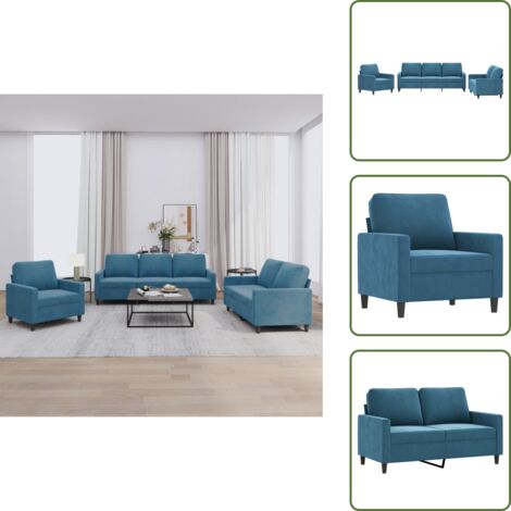 The Living Store Set di Divani 3 pz con Cuscini Blu in Velluto - Divano a tre posti