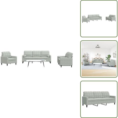 The Living Store Set di Divani 3 pz con Cuscini e Rinforzi Grigio Chiaro Velluto - Divano a 3 posti