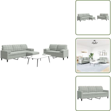 The Living Store Set di Divani 3 pz con Cuscini e Rinforzi Grigio Chiaro Velluto - Divano a 3 posti