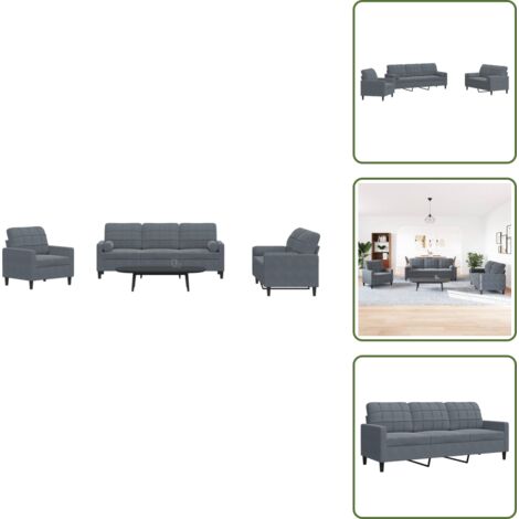 The Living Store Set di Divani 3 pz con Cuscini e Rinforzi Grigio Scuro Velluto - Divano a 3 posti