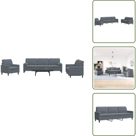 The Living Store Set di Divani 3 pz con Cuscini e Rinforzi Grigio Scuro Velluto - Divano a 3 posti