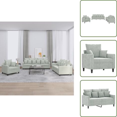 The Living Store Set di Divani 3 pz con Cuscini Grigio Chiaro in Velluto - Divano a 3 posti