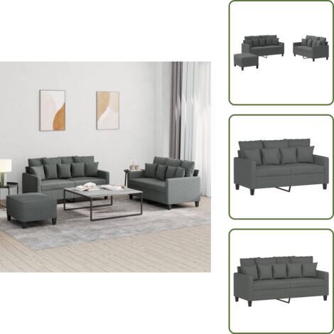 The Living Store Set di Divani 3 pz con Cuscini Grigio Scuro in Tessuto - Divano a 2 posti