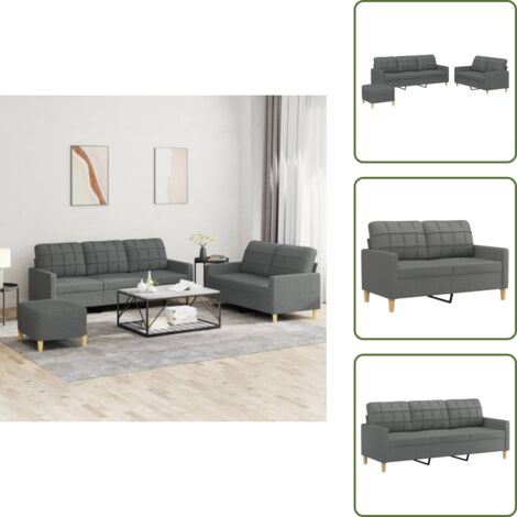 The Living Store Set di Divani 3 pz con Cuscini Grigio Scuro in Tessuto - Divano a 3 posti