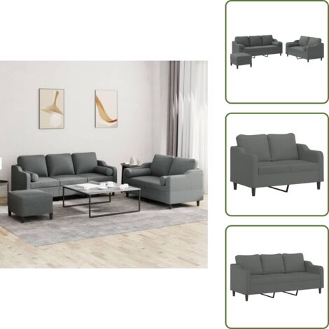 The Living Store Set di Divani 3 pz con Cuscini Grigio Scuro in Tessuto - Divano a 3 posti