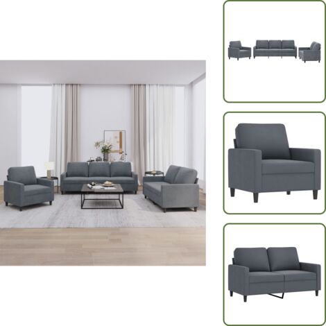 The Living Store Set di Divani 3 pz con Cuscini Grigio Scuro in Velluto - Divano a tre posti