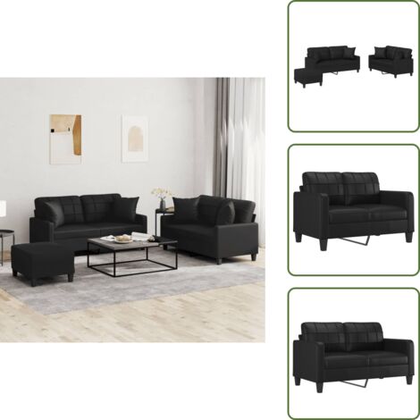 The Living Store Set di Divani 3 pz con Cuscini Nero in Similpelle - Divano a 2 posti