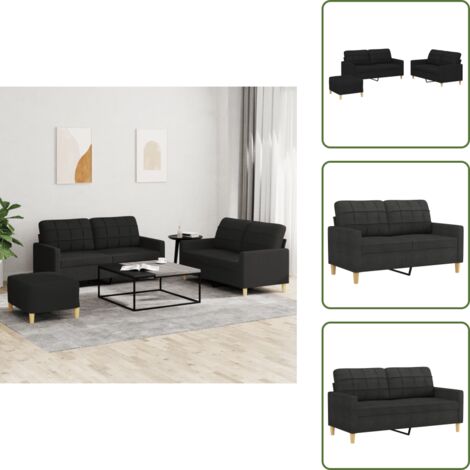 The Living Store Set di Divani 3 pz con Cuscini Nero in Tessuto - Divano a 2 posti