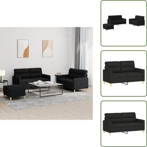 The Living Store Set di Divani 3 pz con Cuscini Nero in Tessuto - Divano a 2 posti