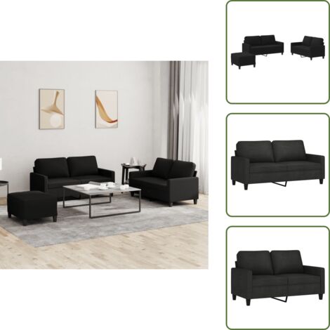 The Living Store Set di Divani 3 pz con Cuscini Nero in Tessuto - Divano a 2 posti