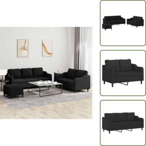 The Living Store Set di Divani 3 pz con Cuscini Nero in Tessuto - Divano a 3 posti