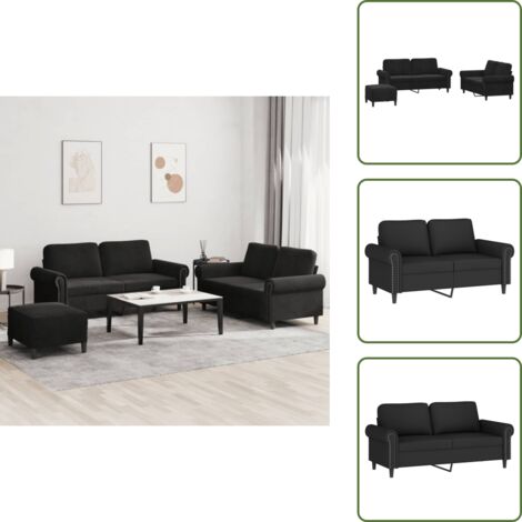 The Living Store Set di Divani 3 pz con Cuscini Nero in Velluto - Divano a 2 posti