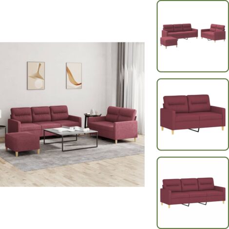 The Living Store Set di Divani 3 pz con Cuscini Rosso Vino in Tessuto - Divano a 2 posti