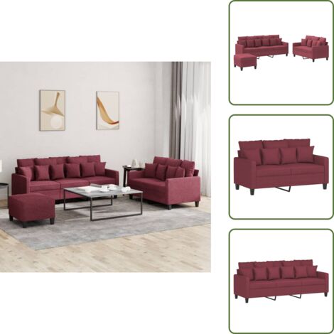 The Living Store Set di Divani 3 pz con Cuscini Rosso Vino in Tessuto - Divano a 3 posti