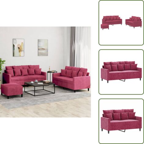 The Living Store Set di Divani 3 pz con Cuscini Rosso Vino in Velluto - Divano con cuscini