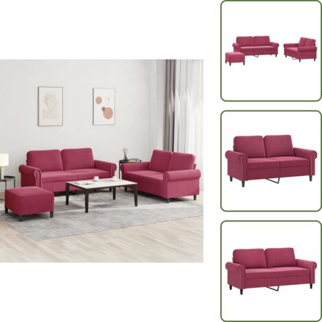 The Living Store Set di Divani 3 pz con Cuscini Rosso Vino in Velluto - Divano con cuscini