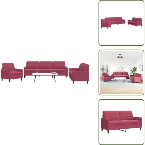 The Living Store Set di Divani 3 pz con Cuscini Rosso Vino in Velluto - Divano con cuscini