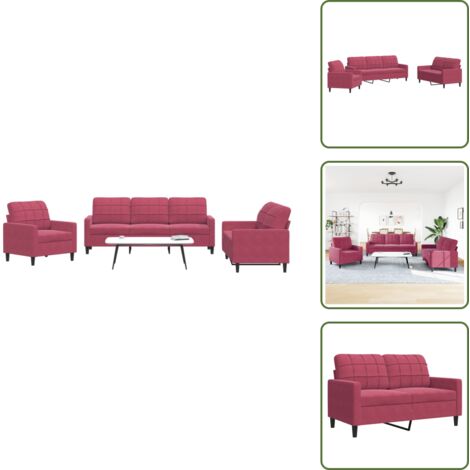 The Living Store Set di Divani 3 pz con Cuscini Rosso Vino in Velluto - Divano relax