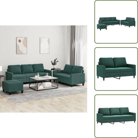 The Living Store Set di Divani 3 pz con Cuscini Verde scuro in Velluto - Divano a 3 posti
