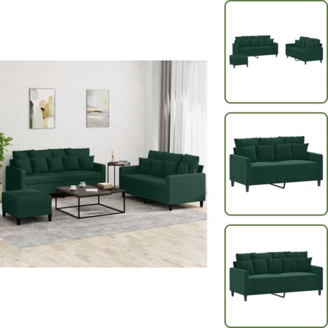 The Living Store Set di Divani 3 pz con Cuscini Verde scuro in Velluto - Divano con cuscini