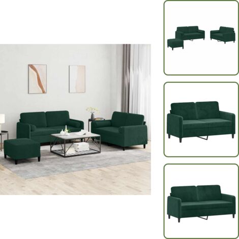 The Living Store Set di Divani 3 pz con Cuscini Verde Scuro in Velluto - Divano in velluto