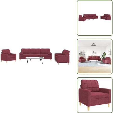 The Living Store Set di Divani 3 pz con Poggiapiedi Rosso Vino in Tessuto - Divano a 3 posti