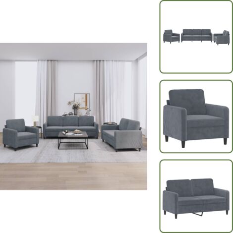 The Living Store Set di Divani 3 pz Grigio Scuro in Velluto - Divano a 3 posti