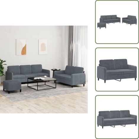 The Living Store Set di Divani 3 pz Grigio Scuro in Velluto - Divano a 3 posti