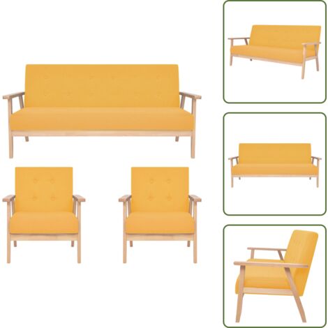 The Living Store Set di Divani 3 pz in Tessuto Giallo - Poltrona in tessuto