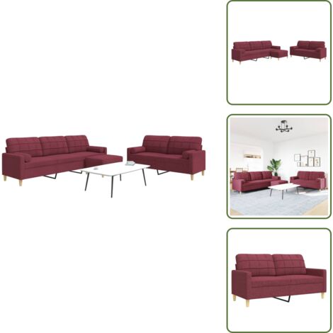 The Living Store Set di Divani 3 pz Poggiapiedi e Cuscini Rosso Vino in Tessuto - Divano a 2 posti